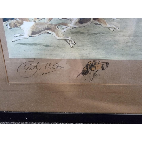 1262 - Cecil Aldin, a hunting scene, the mount signed in pencil, and with small pastel sketch of hound's he... 