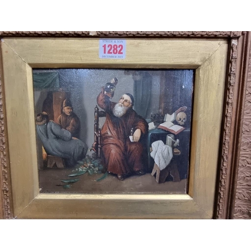 1282 - European School, the thirsty monk, oil on metal, 16 x 19.5cm.  