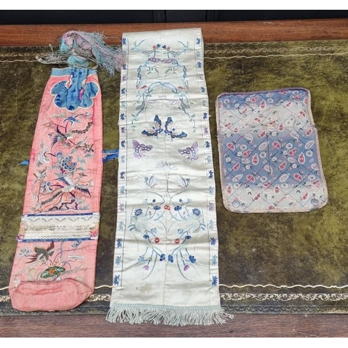 1308 - A mixed group of Oriental items, to include: Chinese silk embroideries.