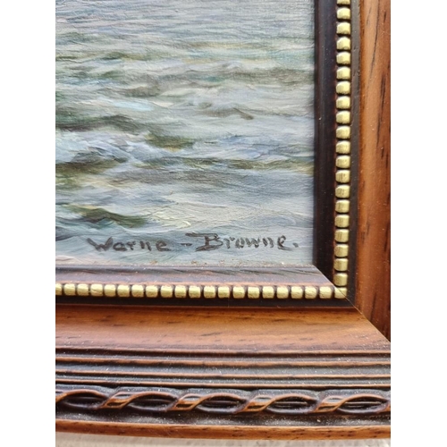 1327 - Enid Warne-Browne, a coastal scene, signed, oil on board, 16.5 x 30cm. 