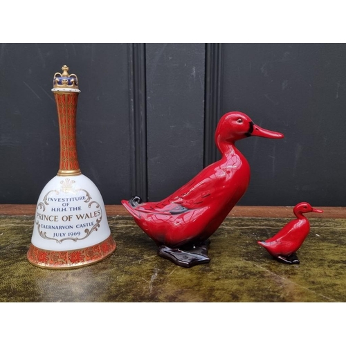 1365 - Two Royal Doulton flambe ducks, largest 15cm high, smallest boxed; together with a Royal Crown Derby... 