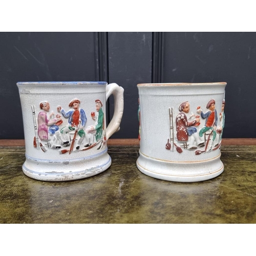 1369 - Two similar Victorian pottery frog mugs, 12.5cm high, (one cracked). (2)