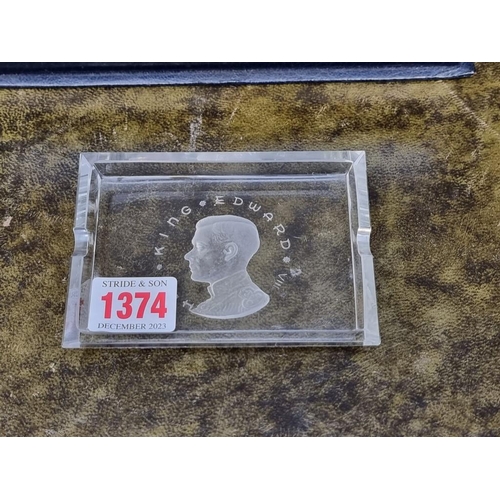 1374 - A commemorative Edward VIII clear glass ashtray, 11cm wide; together with a cased part Bridge set, b... 