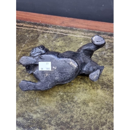 1375 - A bronze Pug, 18cm long; together with a bronze Bulldog, 19cm high; and a similar cat, 12.5cm wide. ... 