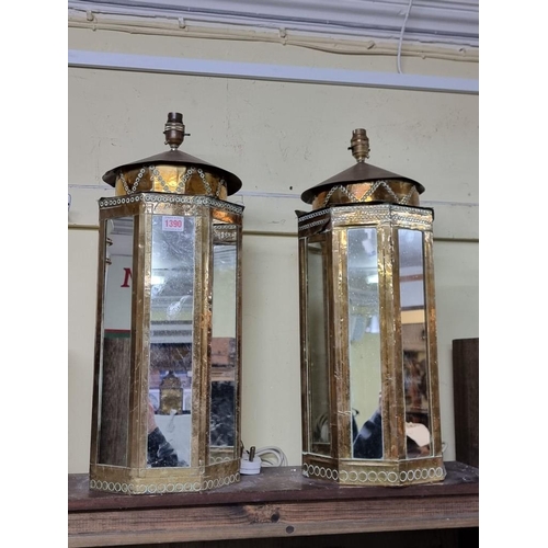 1390 - An unusual pair of brass and mirrored glass octagonal table lamps, each inscribed 'R Dubarry', total... 