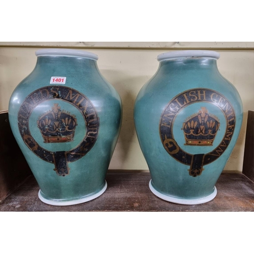 1401 - A large pair of antique pottery 'English Gentleman' tobacco jars, 38cm high. (2)