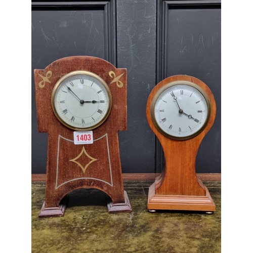 1403 - Two Edwardian mantel clocks, comprising: a satinwood balloon timepiece, 23.5cm high; and another mah... 