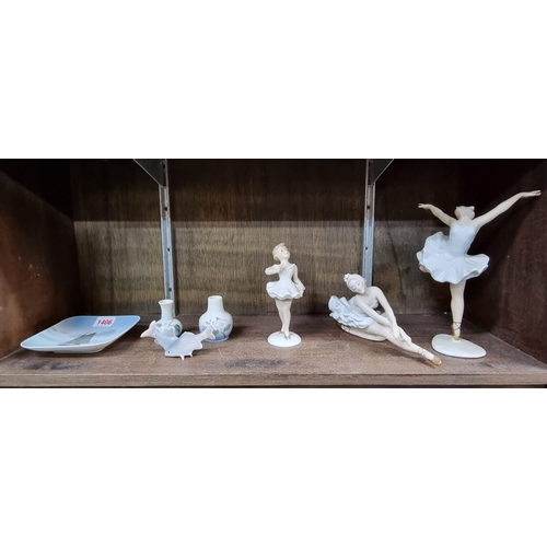 1406 - Three Continental porcelain ballerinas, largest 22cm high; together with four Royal Copenhagen items... 