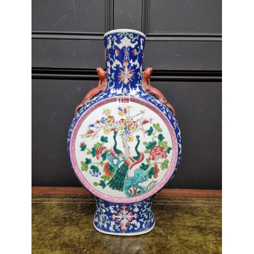 1408 - A large Chinese famille rose twin handled moon flask, 47cm high, (hairline cracks).... 