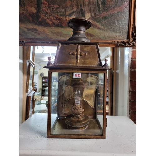 1143 - An old brass lantern, (electrified), 51cm high.