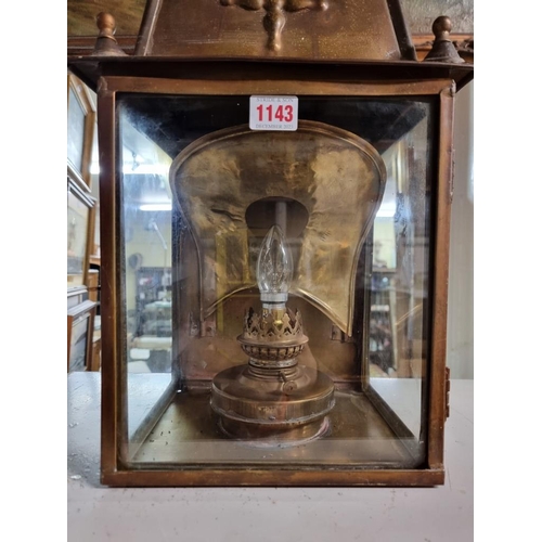 1143 - An old brass lantern, (electrified), 51cm high.