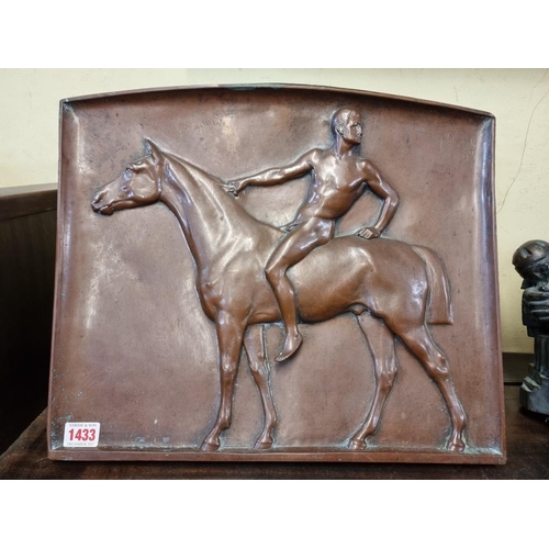 1433 - August Waterbeck, a bronze relief of a man on horse, signed, 36.5 x 43cm, with easel back.... 