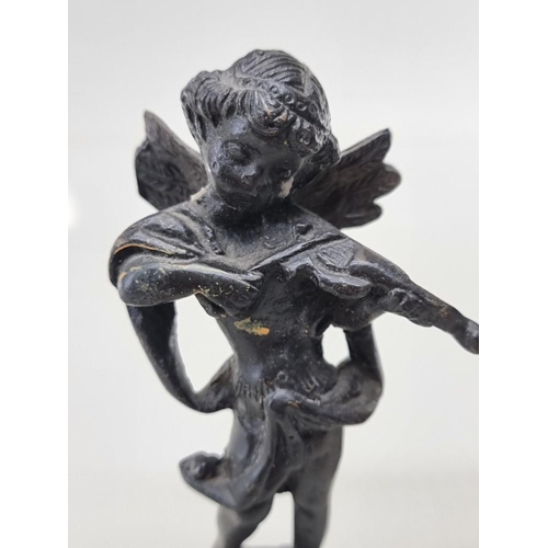 1529 - A small pair of bronze cherub musicians, 14.5cm high. (2)