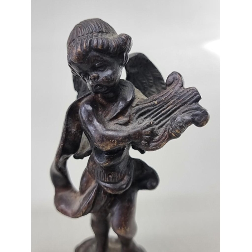 1529 - A small pair of bronze cherub musicians, 14.5cm high. (2)