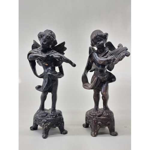 1529 - A small pair of bronze cherub musicians, 14.5cm high. (2)