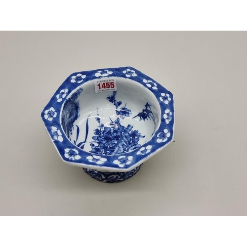 1455 - A Japanese blue and white hexagonal stem bowl, 17cm wide.