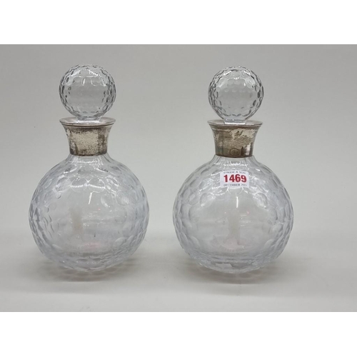 1469 - A pair of silver mounted novelty golf ball decanters and stoppers, etched and inscribed, 22.5cm high... 