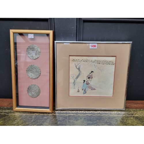 1496 - A Japanese woodblock print, 19 x 21cm; together with three Tibetan tokens, in display frame. (2)... 