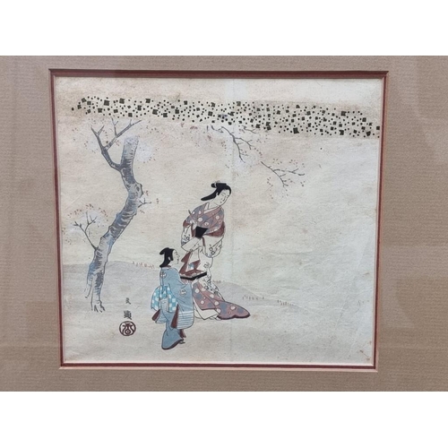 1496 - A Japanese woodblock print, 19 x 21cm; together with three Tibetan tokens, in display frame. (2)... 