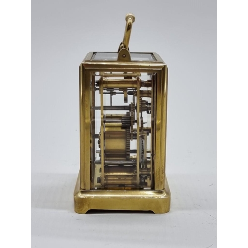 1526 - A good 19th century French brass calendar carriage clock, with subsidiary dials for date and da... 