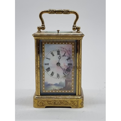 1527 - A good late 19th century French brass and porcelain mounted carriage clock, by Margaine, Paris, stri... 