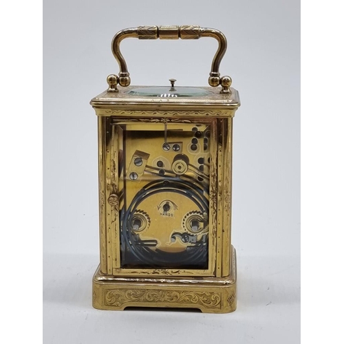 1527 - A good late 19th century French brass and porcelain mounted carriage clock, by Margaine, Paris, stri... 