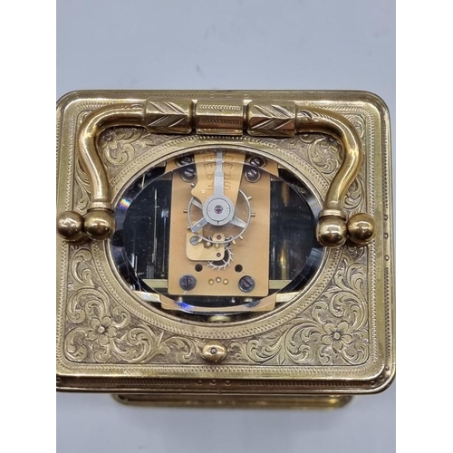 1527 - A good late 19th century French brass and porcelain mounted carriage clock, by Margaine, Paris, stri... 