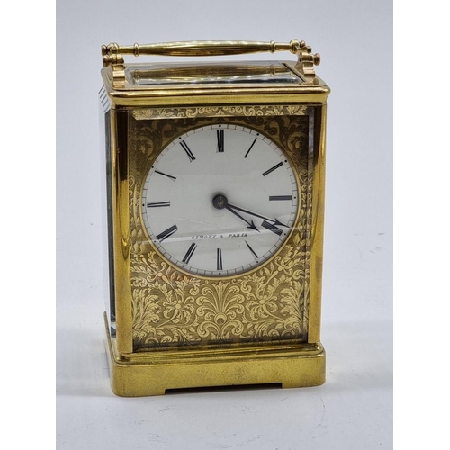 1528 - A good and large 19th century French brass carriage clock, the enamel circular dial inscribed 'Osmon... 