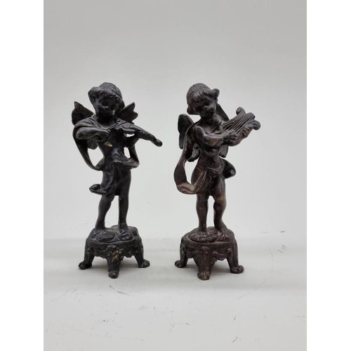 1529 - A small pair of bronze cherub musicians, 14.5cm high. (2)