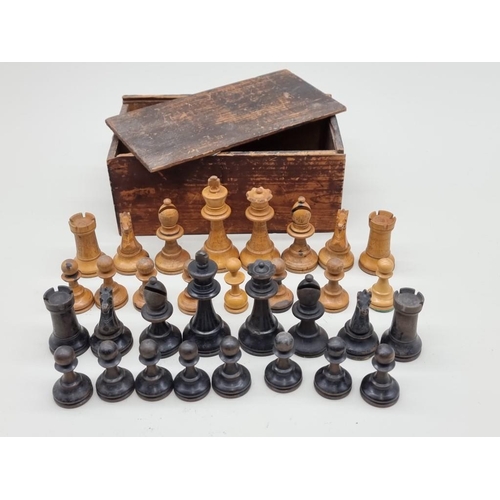 1537 - An old boxwood and ebonized Staunton pattern chess set, king 9cm, pawn 4.5cm, (two white pawns assoc... 