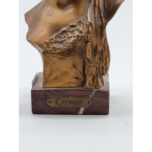 1548 - Alfredo Neri, 'Carmen', signed and dated 1905, gilt bronze, on red marble base, 16.5cm high.... 