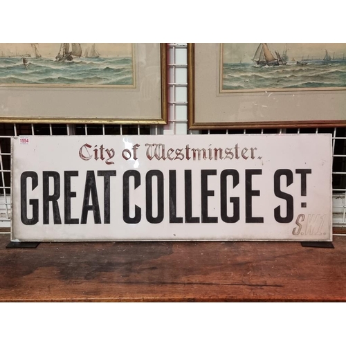 1554 - A late Victorian street sign, inscribed 'City of Westminster, Great College St, SW1', Vitrolite glas... 