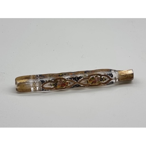 1614 - A 19th century enamelled and gilt glass scent bottle, 12.7cm long, (no stopper).