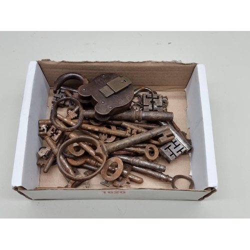 1620 - A collection of antique keys; together with a similar keyring, inscribed 'Captain Frend, 5th Fusilie... 