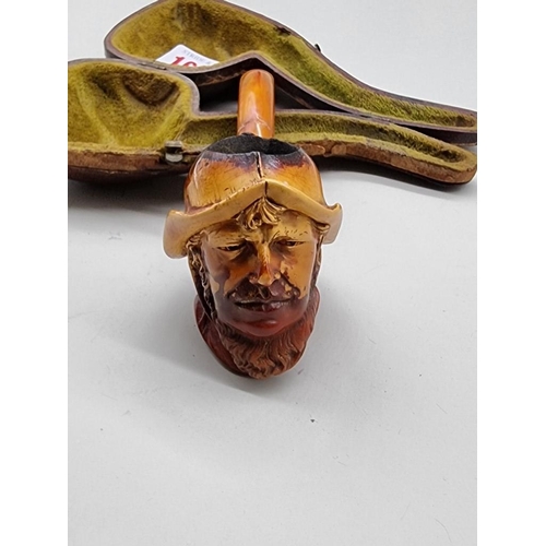 1633 - An interesting Victorian carved meerschaum novelty pipe, depicting a lifeboatman, in fitted leather ... 