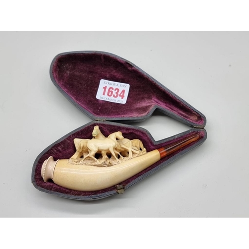 1634 - An antique carved meerschaum novelty pipe, (restoration to head of one horse), in fitted leather cas... 