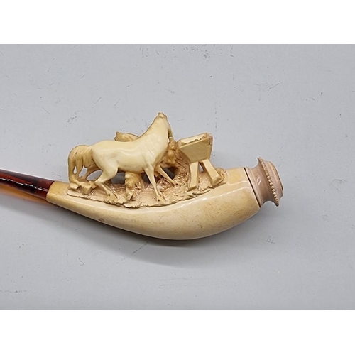 1634 - An antique carved meerschaum novelty pipe, (restoration to head of one horse), in fitted leather cas... 