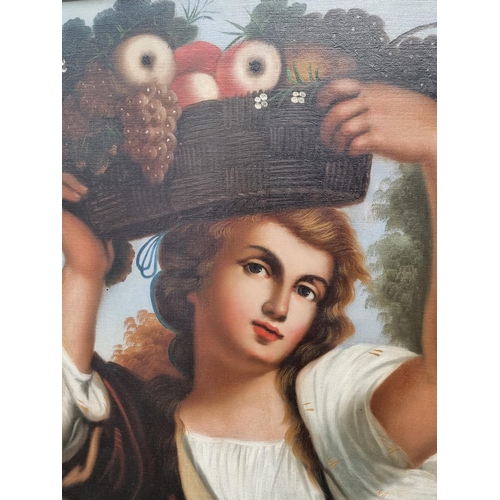 1260 - European school, a lady with a basket of fruit, oil on canvas, 63.5 x 49.5cm.