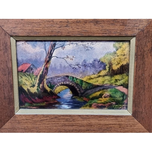 1273 - R Farlandie, 'Le Pont Sur L'Aurence', signed, Limoges enamel, 7.5 x 12cm.