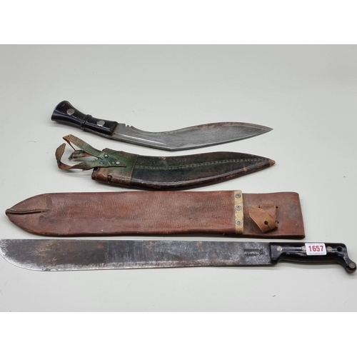 1657 - A kukri and leather sheath, with horn scales; together with a US machete and associated leather shea... 