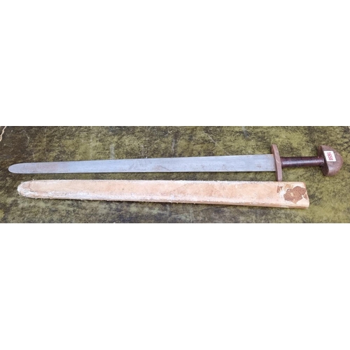 1658 - A reproduction mediaeval style sword and scabbard, unsharpened. (2)