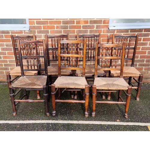 1078 - A matched set of eight ash and rush seated dining chairs, comprising a set of six 19th century ... 