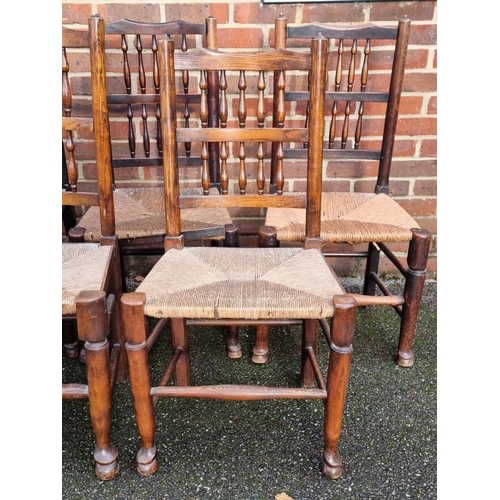 1078 - A matched set of eight ash and rush seated dining chairs, comprising a set of six 19th century ... 