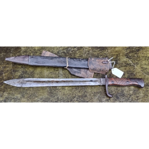 1663 - A German Seitengewehr 98 'butchers' bayonet and scabbard, with distressed leather frog.... 