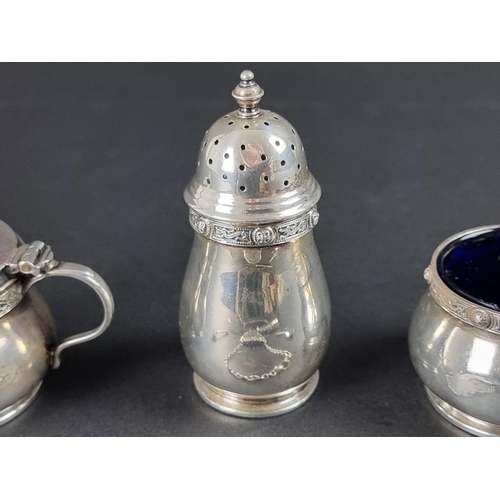 138 - A silver three piece condiment set, by Reid & Sons, Birmingham 1938; together with a silver 'Por... 