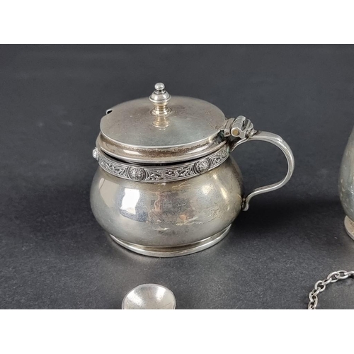 138 - A silver three piece condiment set, by Reid & Sons, Birmingham 1938; together with a silver 'Por... 