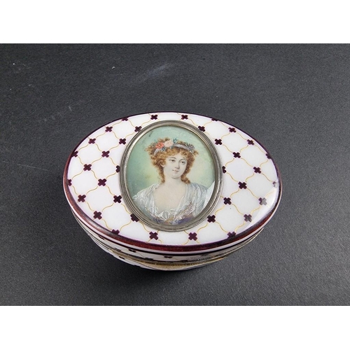 165 - WITHDRAWN FROM SALE.A 19th century continental enamel and silver gilt oval box, the lid inset with a... 