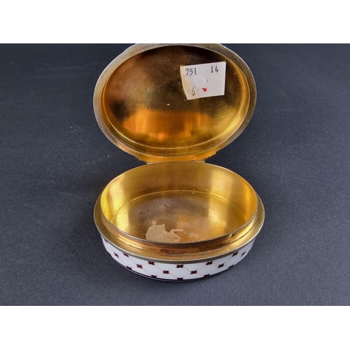 165 - WITHDRAWN FROM SALE.A 19th century continental enamel and silver gilt oval box, the lid inset with a... 