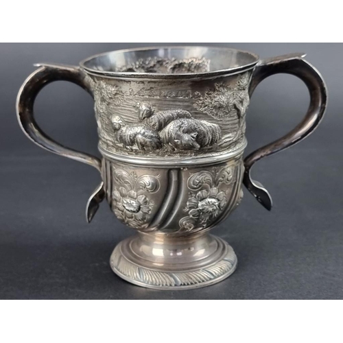 170 - A George II silver twin handled cup, by Benjamin Cartwright I, London 1757, later embossed, 12cm hig... 