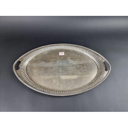 177 - An Edwardian silver twin handled oval tray, by Elkington & Co Ltd, Birmingham 1905, 55.5cm wide,... 